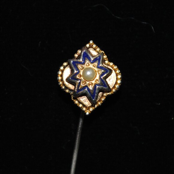 Vintage Victorian Revival Etruscan Style Stick Pin with Blue Enamel & Pearl